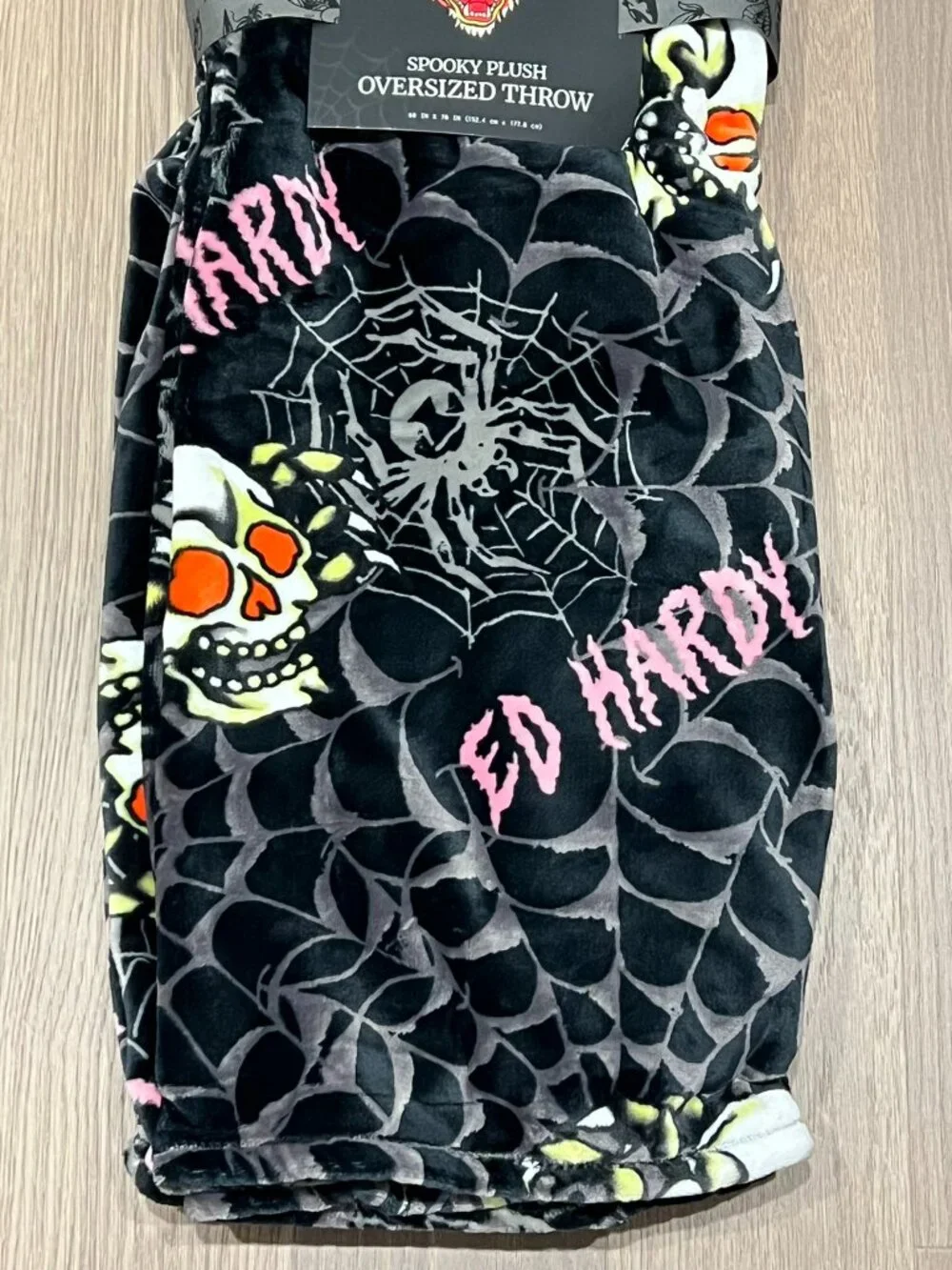 ED HARDY Black Plush Throw Blanket 60x70 Y2K Tattoo Spiderweb Skulls Halloween